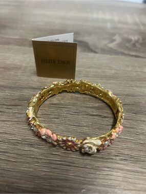 Heidi Daus Gold-Tone Pink and White Enamel Floral Hinged Bracelet
